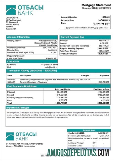 para download Modelo Word e PDF de declaração de hipoteca do Cazaquistão Otbasy Bank